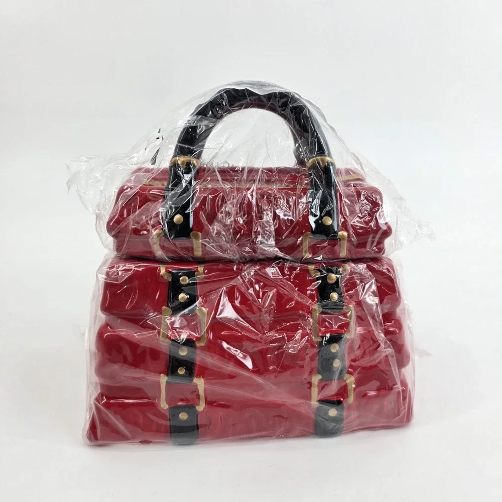DAVID'S COOKIES JAR RED PLEATED HANDBAG BLACK HANDLE GOLD ACCENTS Ceramic New